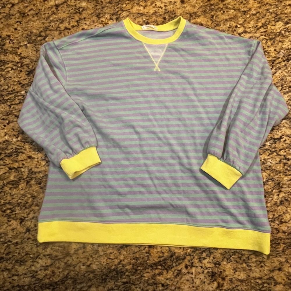 Sewn + Seen Womens Striped Sweatshirt Large Pastel Purple Green Yellow Pullover